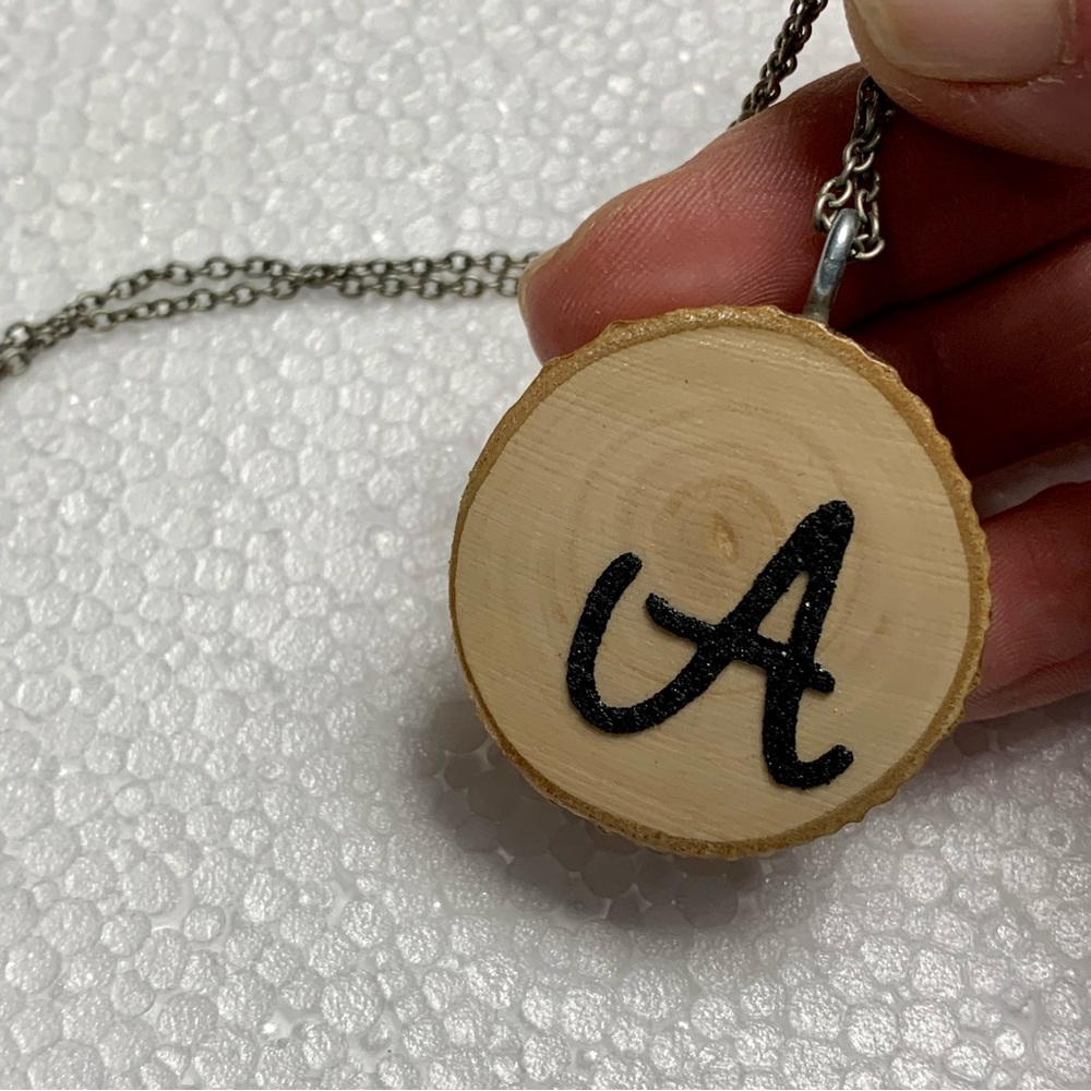 Wood Slice Pendant Necklace Initial A Black Jewelry Sustainable Handmade Gift